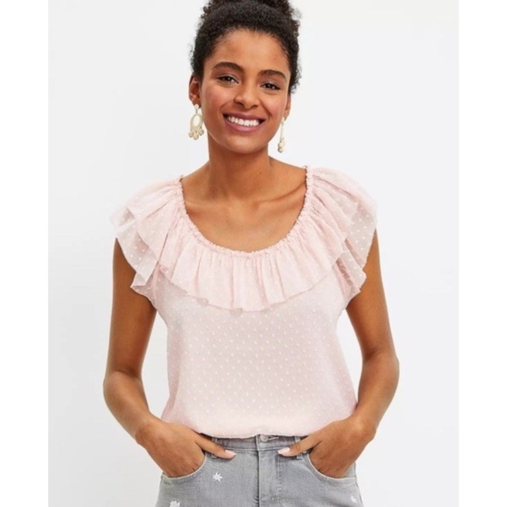 Loft Clip Dot Ruffle Shell Light Pink Tulle Balletcore Top Size Xs Petite‎